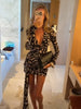 Sexy Black Print Wrap Mini Dress Women Long Sleeve Deep V Neck Button Tie Waist Bodycon Party Gown Chic Evening Clubwear
