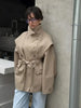 Lace Up Stand Collar Trench Coat Women Chic Lapel Single Breasted Waist Cinching Lady Autumn Commute Street Coats