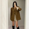 Vintage Suede Autumn Winter Jacket Female Streetwear Loose Long Sleeve Lapel Outerwear with Shoulder Pad Suit Coat