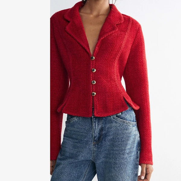 Women Vintage Tweed Blazer Lapel Collar Full Sleeves Single Breasted Slim Fit Peplum Cropped Coat Fall Winter Elegant Outerwear