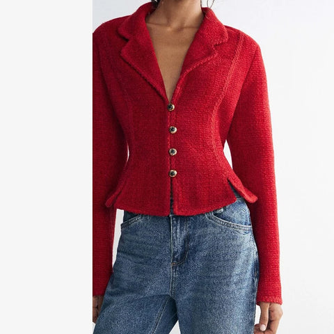 Women Vintage Tweed Blazer Lapel Collar Full Sleeves Single Breasted Slim Fit Peplum Cropped Coat Fall Winter Elegant Outerwear