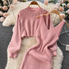 Winter Women Knitted Sets Breading Long Sleeve Pearl Sweater+Knitted Camis Dress Sets Sweater Suits