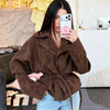Chic Green Suede Lace Up Jackets Women Loose Stand Collar Belt Long Sleeve Buttons Coats Autumn Winter Lady Outwear