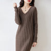 Women Pure Wool Sweater Dresses Long Sleeve Purllover 100% Merino Wool V-neck Knitwear Spring Autumn Grace Striped Dresses