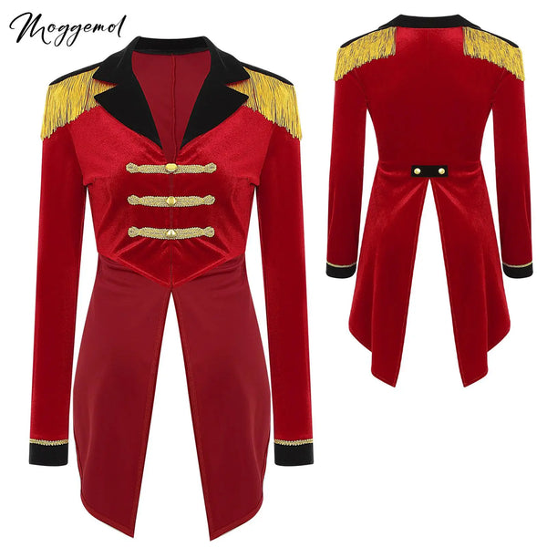 Womens Circus Ringmaster Costume Tuxedo Party Showman Tailcoat Blazer Stand Collar Fringed Shoulder Board Velvet Jacket Coat
