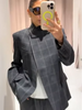 Women Irregular Plaid Blazer Jacket Stand Collar Full Sleeve Split Loose Short Coat Female Daily Commute Outerwear