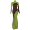 Contrast Patchwork Dress Woman Classic Ruched Turtleneck Full Sleeve Skinny Stretch Casual Elegant Vestidos