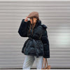 Warm Glossy Hooded Lace-up Cotton Coats Women's Casual Zipper Bottons Belted Overcoat Winter Female Solid Streetwear