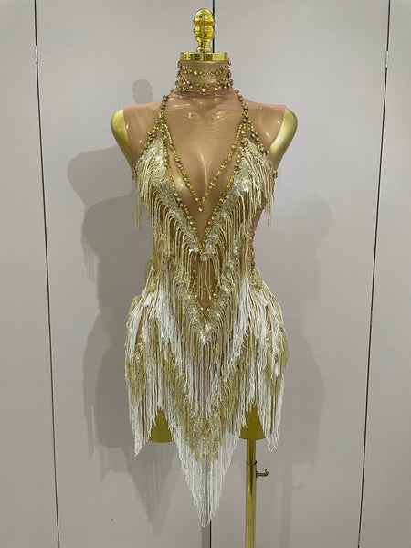 Stock Women Sexy Stretch Mesh Sparkly Rhinestone Tassels Mini Dress Nightclub Singer Dance Stage Costume Evening Gowns