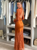 Elegant Women High Neck Lace Satin Patchwork Maxi Dress Long Sleeve Hollow Back Mermaid Hem Female Wedding Guest Party Dress