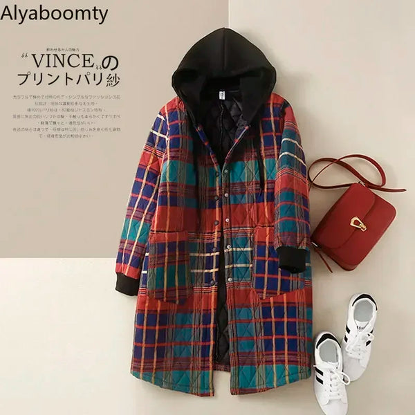 Autumn Winter Women Loose Red Plaid Parkas Hooded Padded Baggy Ladies Outerwear Vintage Buttons Pockets Warm Overcoat Parkas