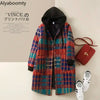 Autumn Winter Women Loose Red Plaid Parkas Hooded Padded Baggy Ladies Outerwear Vintage Buttons Pockets Warm Overcoat Parkas