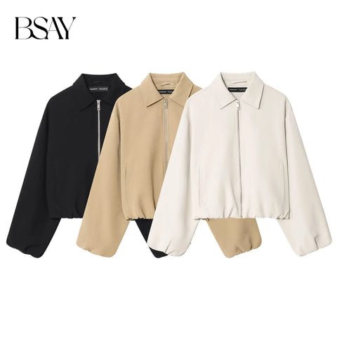 women's autumn solid color simple pocket waist cinched long sleeved lapel zipper puffy jacket