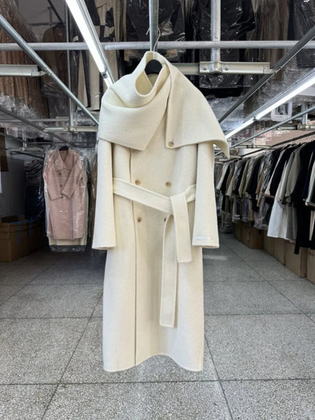 Elegant Big Scarf Collar Double Breasted Wool Coat Women Loose Korean Cashmere Winter Jacket