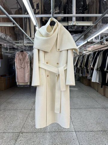 Elegant Big Scarf Collar Double Breasted Wool Coat Women Loose Korean Cashmere Winter Jacket
