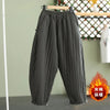 Women's Warm Pants Autumn Winter Vertical line pressed Solid Cotton padded Elastic waist band Buckle Casual Carrot trousers