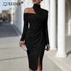 Sexy Turtleneck Off Shoulder Hollow Party Dresses Woman Spring Slid Ruched Slit Midi Dress Elegant Long Sleeve Office Lady Dress