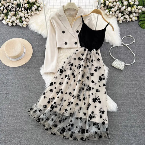 Y2k Grunge Long Sleeve Blazer Women + Slim Waist Mid-length A-line Strap Dresses Autumn Two Piece Sets
