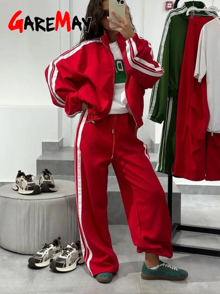 Red Women's Tracksuit with Zipper Trousers Stripes Two Piece Set Women Classic Cotton Autumn Brown Tracksuit for Women