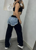Women Straight Drawstring Waist Wide Leg Pants Jeans Denim Patchwork Sporty Holiday Jogger Sweatpants Trousers
