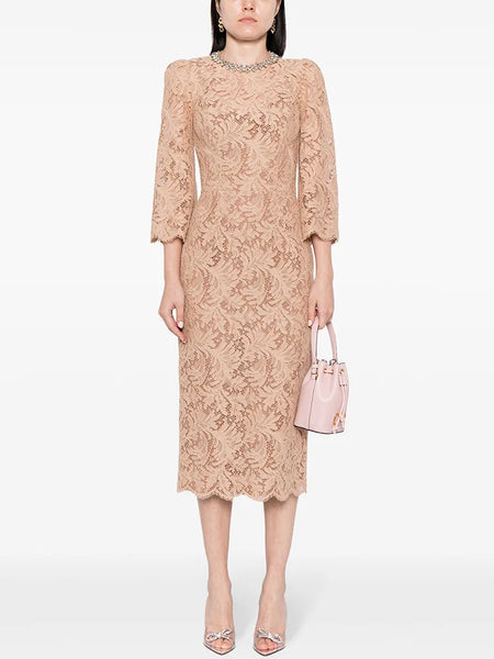 High Street Stylish Designer Women's Beaded Diamond Long Sleeve Slim Water-Soluble Lace Dress