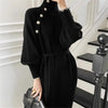 High end Knitted Dress Women's Autumn Winter Stretch Sweaters Long Dress Female Retro Chic buttons stylish Turtleneck Base dress