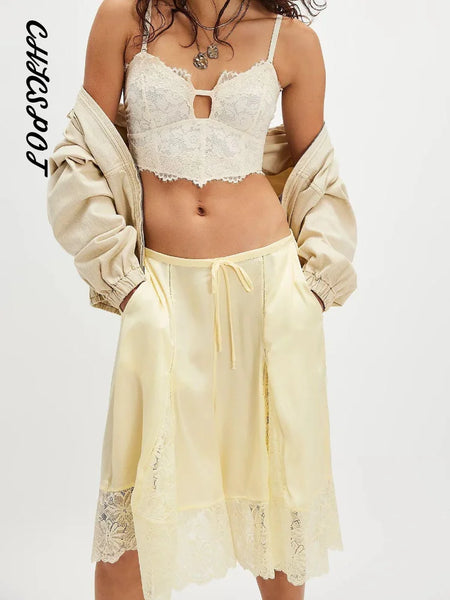 Lace Patchwork Satin Lace Up Shorts Women Sexy Hollow Out High Waist Drawstring Half Pants Wide Leg Trousers Chic Lady Partywear