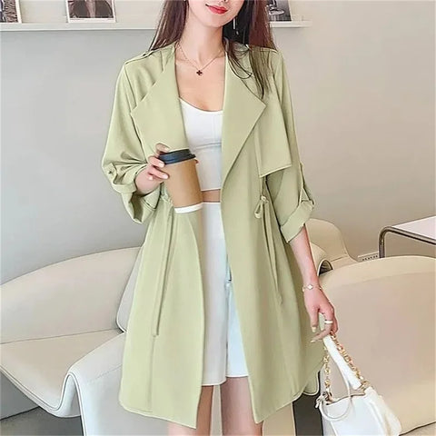 Autumn Windbreaker Women's Thin Coat Korean Version Single-Layer Drawstring Slim Trench Coat Top with 3/4 Sleev