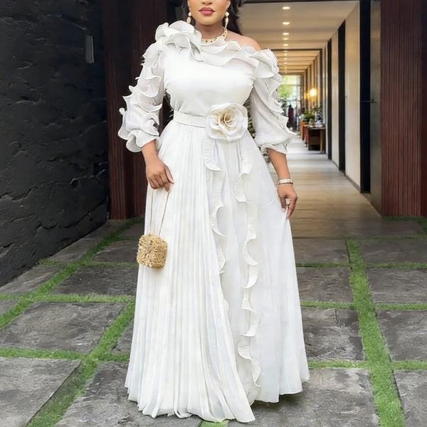 African Women A Line Chiffon Dress One Shoulder Puff Sleeve Pleated Ruffles Layered 3D Flower Wedding Guest Occasion Event