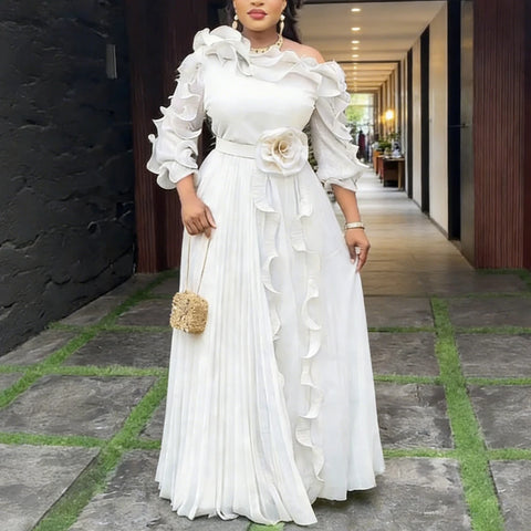 African Women A Line Chiffon Dress One Shoulder Puff Sleeve Pleated Ruffles Layered 3D Flower Wedding Guest Occasion Event