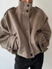 Vintage Loose Stand Collar Woolen Coat for Women Casual Solid Full Sleeve Warm Cropped Overcoat High Street Outwear