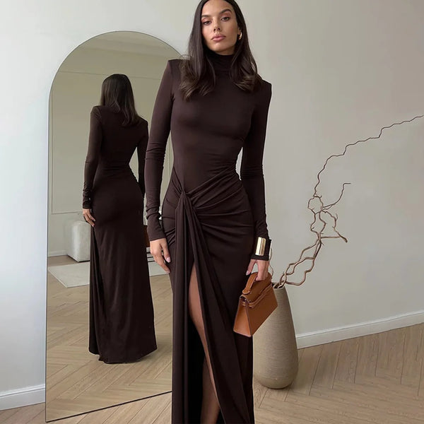 Elegant Turtleneck Curvy Brown Dress Women's Sexy Long Sleeve Shoulder Pad Party Evening Tight Elastic Dresses Winter Black