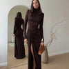 Elegant Turtleneck Curvy Brown Dress Women's Sexy Long Sleeve Shoulder Pad Party Evening Tight Elastic Dresses Winter Black