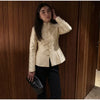 Stand-Collar Satin Frog-Button Jacket Cream Tailored Long-Sleeve Silky Spring Elegant Retro Women Outerwear Blazer