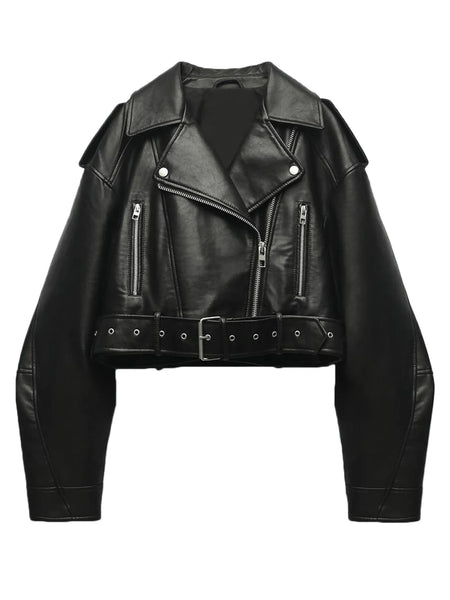 Women Faux PU Leather Jacket Casual Lady Lapel Zipper Short Leather Jacket High Street Motorcycle Coat