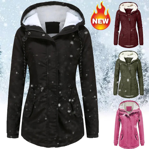 Winter Warm Coat Women's Solid Plush Thickened Jacket Outdoor Hiking Hooded Windproof Parka Coat