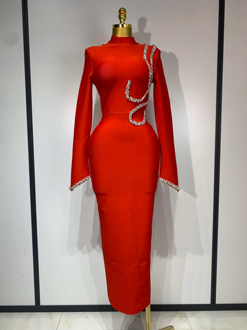 Women Sexy Long Sleeve Diamonds Maxi Long Bodycon Bandage Dress Celebrity Elegant Evening Party Birthday Dresses