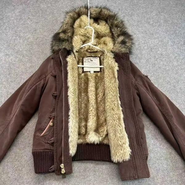 Y2K Vintage Autumn and Winter Lamb Fleece Lining Jackets Women's Cotton Brown Zipper Hooded Jacket Fur Collar Keep Warm Coat