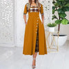 Women's Irregular Lattice Patchwork Long Dresses Vintage Buttons O Neck Half Sleeves Casual Lady Commuting Dress