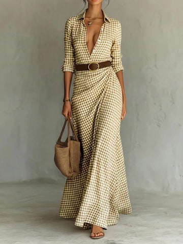 Women's Elegant Gingham Belted Lapel Shirt Dress Long Sleeves Buttoned Urban Casual Office Work Maxi Dresses
