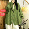 Retro Oversize Striped Coat for Women Autumn Artistic Simple Notched Loose Casual Mid-length Tailored Coat