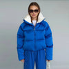 Solid Hooded Cropped Puffer Jacket Women Stand Collar Snap Button Loose Long Sleeve Jackets Winter Casual Warm Padded Coat