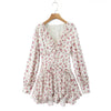 Women White Pink Flower Print Puff Long Sleeve Dress Open Buttons Wood Ears Ruffles Hem Mini Shirt Dresses Holiday Robe