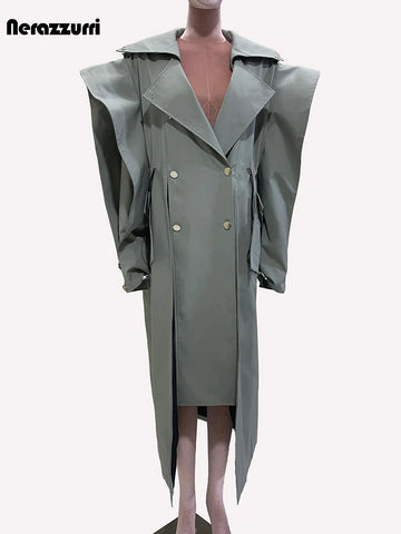 Autumn Long Oversized Ruffled Trench Coat for Women Drawstring Loose Elegant Chic Asymmetrical Overcoat