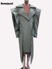Autumn Long Oversized Ruffled Trench Coat for Women Drawstring Loose Elegant Chic Asymmetrical Overcoat