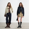 Women Slub Cotton Jackets Spring Cropped Tulip Silhouette Striped Cuff - Turn Up Stand Collar Tops