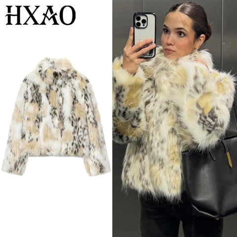 Women's Fur Coat Leopard Fluffy Jacket Autumn Winter Fur Coat Woman Crop Plush Long Sleeve Outerwears Chic Hairy Warm Coats
