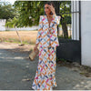 Geometric Printed Blazer Jacket Pants Sets Women Shoulder Pads V Neck Lace Up Full Sleeve Jackets Flare Pant Lady Outfit
