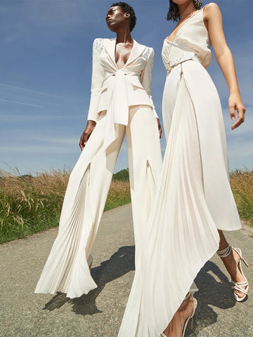 High Street Designer Runway Suit Set Women's Lacing Belt Blazer Pleated Zip Pants Set 2pcs Set