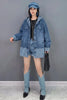 Retro Denim Hooded Coats for Women Blue Single Breasted Mid-length Loose Autumn Jackets